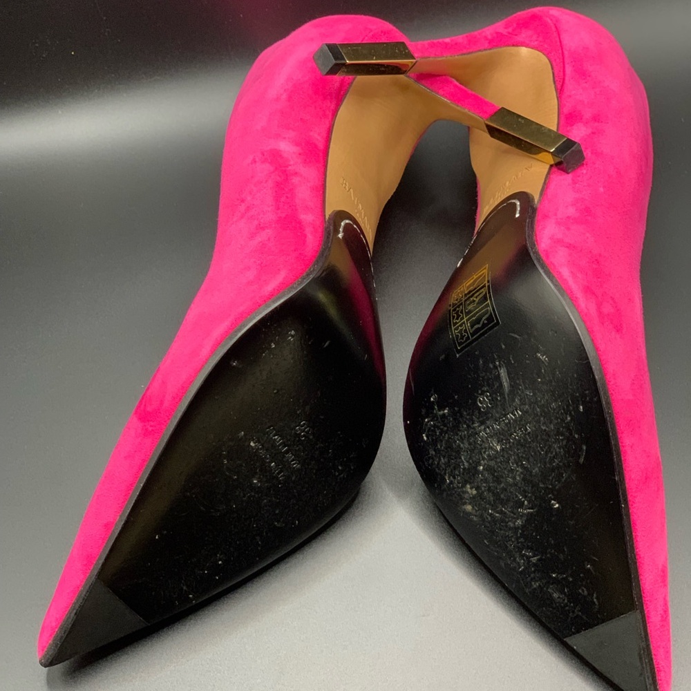 Balmain 
Pink Suede Pointed Toe Heels Gold Hardware Pumps Size 38 - Picture 4 of 13